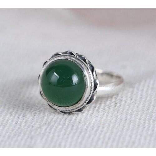 FNJ Round Green Agate Ring 925 Silver Adjustable Size 100% Original Real S925 Solid Silver Rings for Women Jewelry