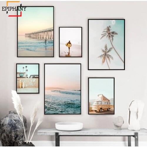California Surf Art Prints Beach Wall Art Summer Print Sunset Landscape Canvas Painting Surfboard Boho Decor Coastal Posters