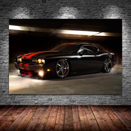 Canvas Paintings Black Dodge Challenger with red stripes Vehicle Modern Wall Art Picture Posters HD Print for Living Room Decor