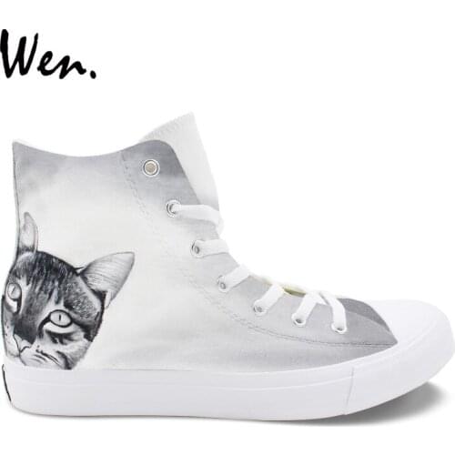 Wen Original Design Canvas Hand Painted Unisex Sneakers Shorthair Cat High Top Grey Athletic Skateboarding Shoes for Boy Girl