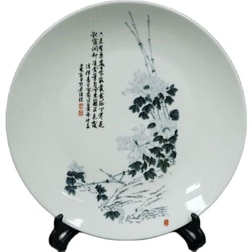 Chinese Old Porcelain Appreciation Plate With Ink Color Autumn Chrysanthemum Patterns