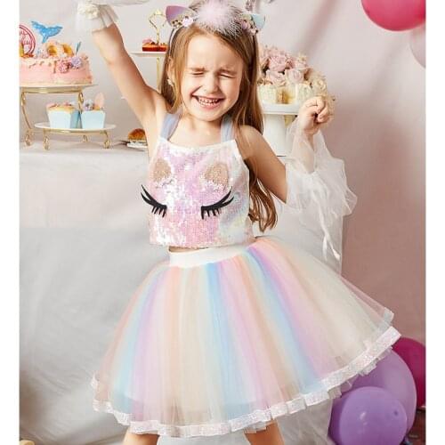 2021 Spring Summer Girls' Clothing Sets Sequined Tops+Rainbow Mesh Skirt 2Pcs Suit Princess Toddler Baby Kids Children Clothes