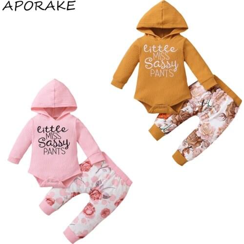 2021 0-18M Baby Girl Clothes Set Sweet Letter Print Long Sleeve Hooded Jumpsuit+Floral Print Trousers Spring Autumn 2pcs Outfits