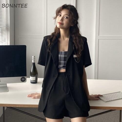 Sets Women Blazers Shorts Solid Pockets Retro Streetwear Fashion BF Office Lady Summer Thin Loose Casual Breathable Temperament