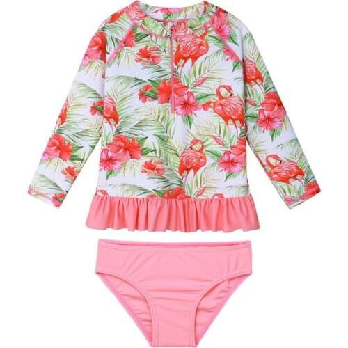 BAOHULU Cartoon Girls Swimsuit Flamigo Long Sleeves Swimming Suit for Kids Girl Rash Guards Set Beachwear UPF 50+ Sun Protection