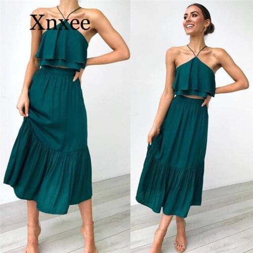 2020 Summer Two-piece Sets Sexy Halter Sleeveless Crop Top and Loose Long Skirt Casual Laies Elegant A-line Boho Suits Ruffles