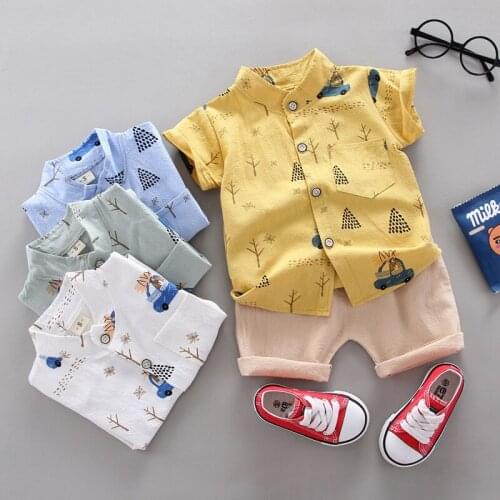 Summer Thin Baby Set Cartoon Panda Car Short Sleeve Shirt Two Piece Set Fashion