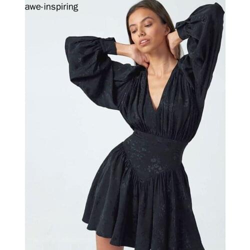 Fashion Chiffon Printing Elegant Loose Mini Dress Women Lantern Full Sleeve Pleated Slim Party Night Black Sexy Vestidos