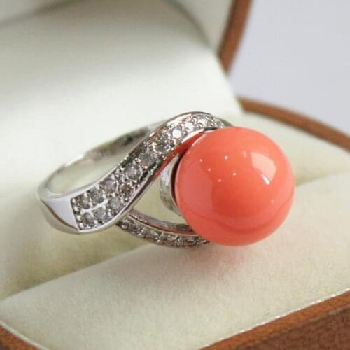 Noblest ladys silver plated with crystal decorated &12mm salmon pink shell pearl ring(#7 8 9 10)