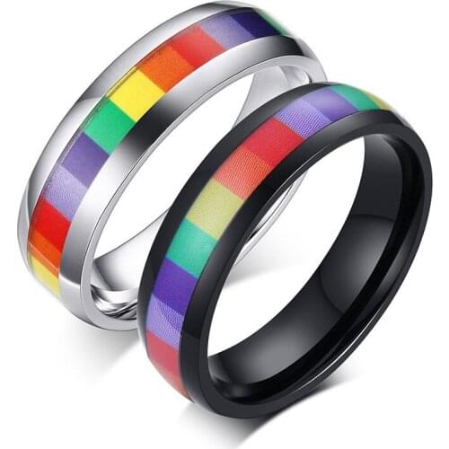 Modyle New Fashion Black Silver Stainless Steel Rainbow LGBT Pride Lesbian Gay Wedding Engagement Ring for Men