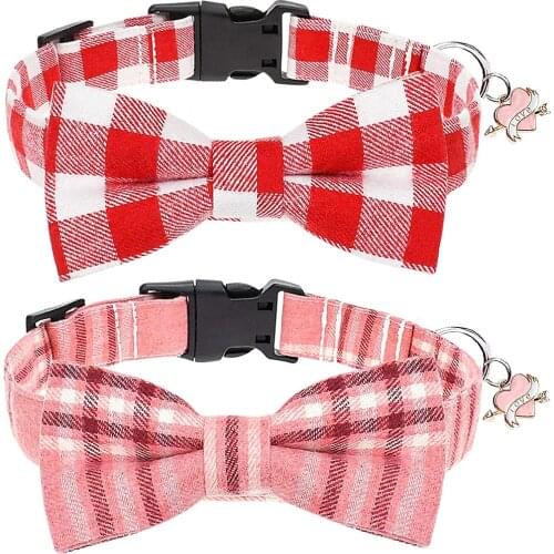 Dog Collar with Bow tie Valentines Day Plaid Pattern Dog Collar with Bow tie and Cute Accessories Collar for Medium Large Dogs
