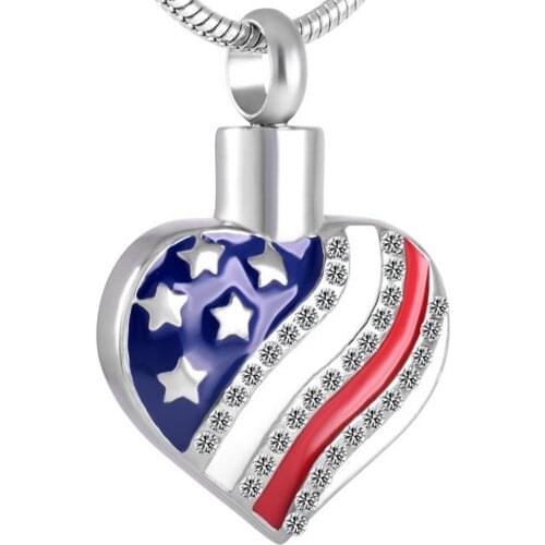 Patriotic Jewelry Independence Day 4th of July American USA US Flag Star Heart Pendant Cremation Keepsake Urn Necklace For Women
