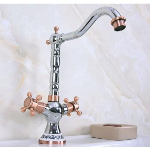 Polished Chrome Red Copper Brass Swivel Spout Double Cross Handles Kitchen/Bar Bathroom Sink Faucet Hot&Cold Mixer Tap anf902