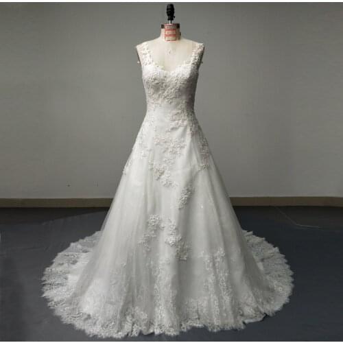 Stunning A Line Lace Wedding Dress V Neck Sleeveless Beaded Appliques Buttons up Real Picture Bridal Gown