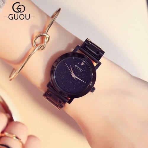 Simple Classic black steel band watches women fashion star dial trend lady small watches with diamond wrist watches