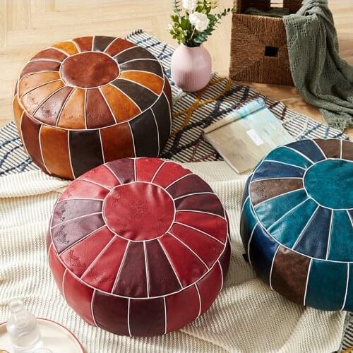 Moroccan PU Leather Pouf Embroider Craft Hassock Ottoman Footstool Round Large 55*55*30cm Artificial Leather Unstuffed Cushion