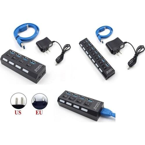 Set Multi Ports 4/7 Ports Micro USB 3.0 HUB Splitter with Switches AC Power Adapter USB Hab High Speed 5gbps USB Port HUB for PC