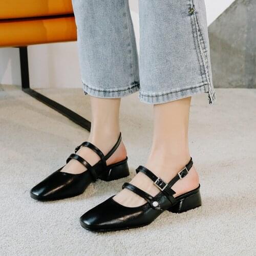 Square toe double leather belt Mary Jane sandals women back strap pearl buckle summer shoes low heel mules 2020 sandalias mujer
