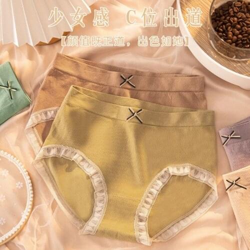 Sexy Lace Sweet Bow Women Underwear Seamless Mid Waist Female Panties Solid Color Breathable Cotton Girls Fashion Briefs