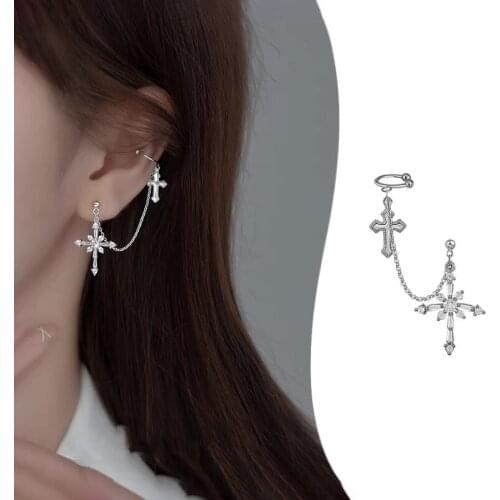 PONYKISS Trendy S925 Sterling Silver Cross and Stars Zircon single Clip Earrings Women Party Delicate Elegant Accessory Gift