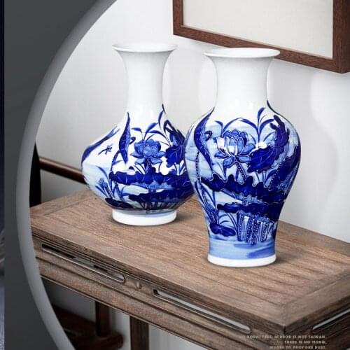 Blue and White Lotus Pond Pattern Relief Jingdezhen Ceramic Flower Vase Celadon Home Ornaments