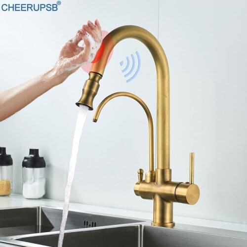 Touch Filter Faucet Kitchen Pull Out Smart Sensor Tap Sink Flexible Automatic Grifo Antique Gold Copper Kraan Hot Cold Mixer Tap