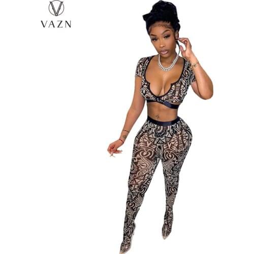 VAZN 2021 New Black Sexy Club Soft Elastic V-Neck Short Sleeve Top High Waist Long Pencil Pants Skinny Womens 2 Piece Set