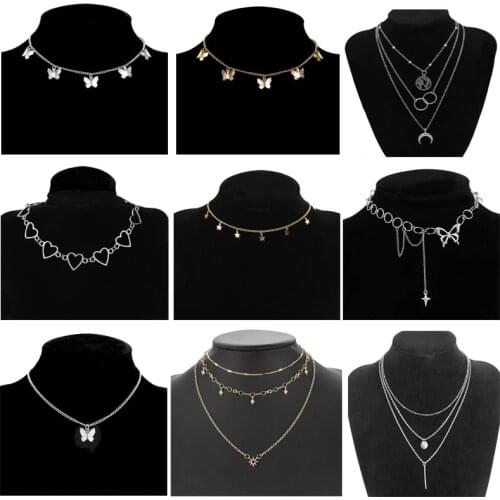Vintage Multilayer Pendant Butterfly Necklace for Women Butterflies Moon Star Charm Choker Necklaces Bohemian Beach Jewelry Gift
