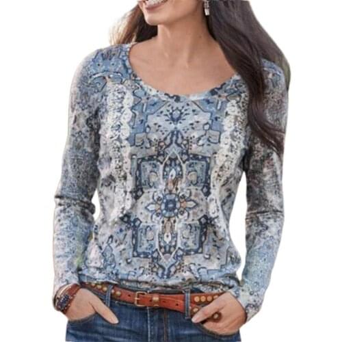 40%HOTWomen T-shirt Ethnic Pattern Loose Autumn Round Neck Long Sleeve Blouse for Party