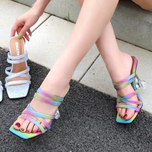 Summer Fashion Rainbow Gradient Color Women Slipper Shoes Open Toe Clear PVC Crystal Shoes Outside Narrow Band Female Sandals 46