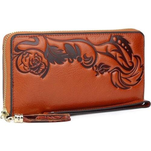 Ethnic Wind Embossed ladies long Wallet 2021 New Real cowhide handbag wallet zipper clutch fashion big fried folder wallet