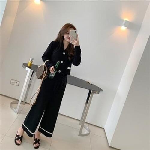 2021 Autumn New Women Fashion Knit V-neck Cardigan Sweater Korean Style Loose Wide Leg Pants Suit Knitted Two-piece Set X583
