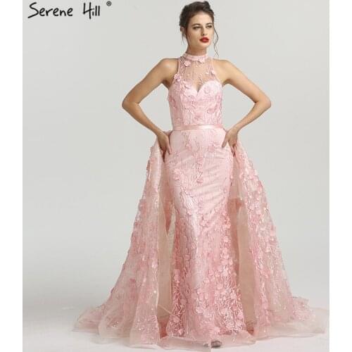 2020 Romantic Pink Flowers Lace Evening Dresses Sleeveless Sexy Fashion A-Line Evening Gowns Serene Hill DLA6109