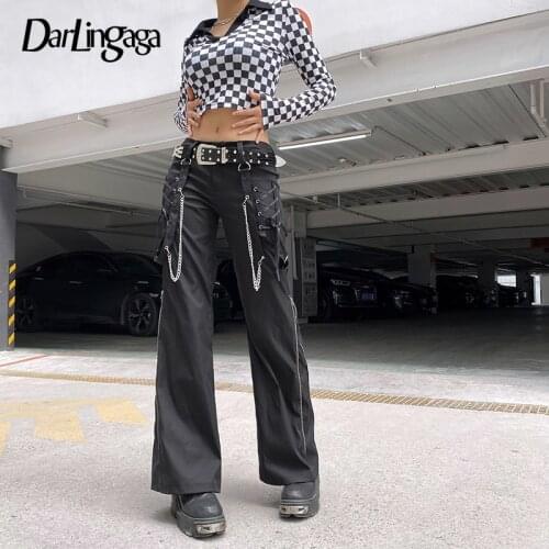 Darlingaga Grunge Gothic Chain Punk Style Flare Pants Streetwear Lace Up Dark Academia Trousers Techwear Zipper Oversized Pants