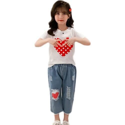 Kids Clothes Heart Tshirt + Denim Short Girl Clothes Dot Big Girls Clothes Hole Kids Tracksuit 6 8 10 12 14