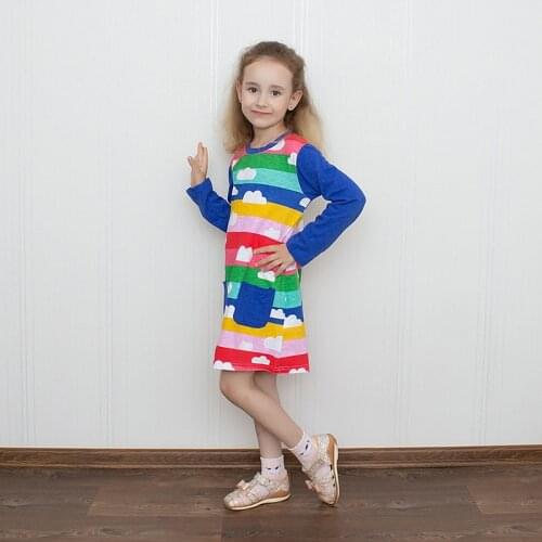 Jumping Meters 2021 New Arrival Stripe Childrens Cotton Princess Dresses Long Sleeve Cloud Print Pockets Autumn Winter Kids