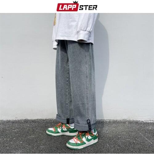 LAPPSTER Men Button Cuffs Vintage Fashion Cargo Jeans 2021 Spring Mens Japanese Streetwear Denim Harem Pants Male Casual Joggers