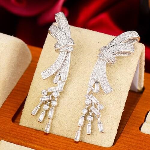 GODKI Luxury Trendy Bowknot Tassel Drop Dangle Earrings for Women Zircon CZ Crystal Earring Statement Jewelry Oorbellen 2021