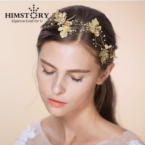 HIMSTORY Handmade Gold Maple Leaf Rhinestone Crystal Tiara Hairbands Hair Accessories Wedding Dress Hairwear Headpiece