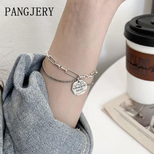 PANGJERY 925 Sterling Silver Double Layer Bracelets for Women INS Fashion Creative Tag Word Geometric Wedding Fine Jewelry Gifts