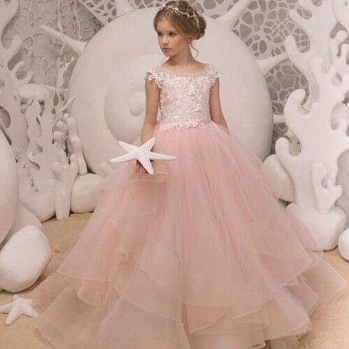 Pink Flower Girl Dresses For Weddings Ball Gown Cap Sleeves Tulle Appliques Long First Communion Dresses For Little Girls