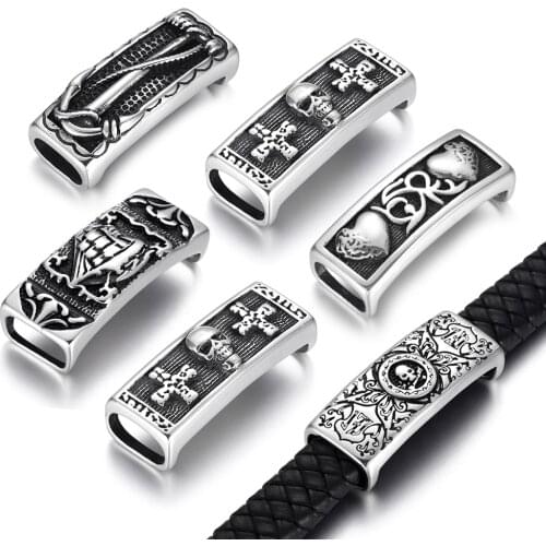 Stainless Steel Slide Charms Rectangle Skull Punk Patterned Slider Bead Fit 12*6mm Flat Leather DIY Men Jewelry Making Supplies