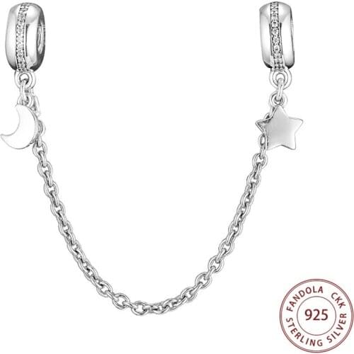 Half Moon and Star Safety Chain Charm 925 Sterling Silver Clear CZ Beads Fits Original Pandora Bracelet DIY Jewelry Making