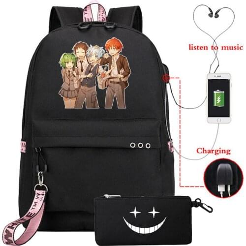 2PCS Assassination Classroom Fashion Backpack + Pencil Cases School Bag Bookbag Women Men USB Travel Shoulder Laptop Bags