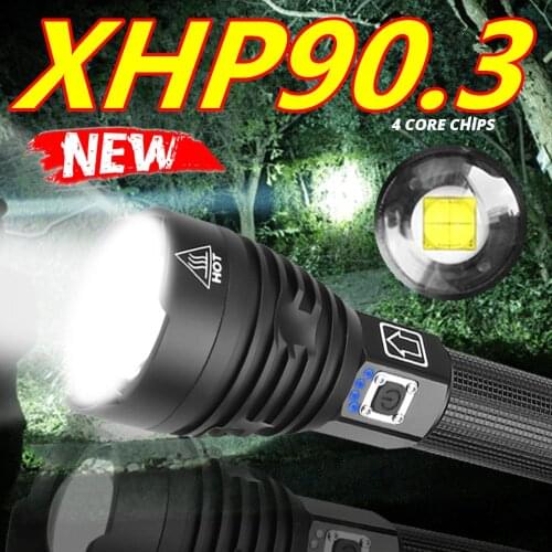 Highest lumen Most Powerful XHP90.3 long-range XHP70.2 Flashlight LED Tactical Zoom Torch light Use 26650 battery drop shipping