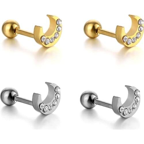 Moon Stud Earrings for Men Women Unisex 2021 Crystal Stainless Steel Luxury Edgy Stylish Kpop Crescent Ear Studs For eGirl eBoys