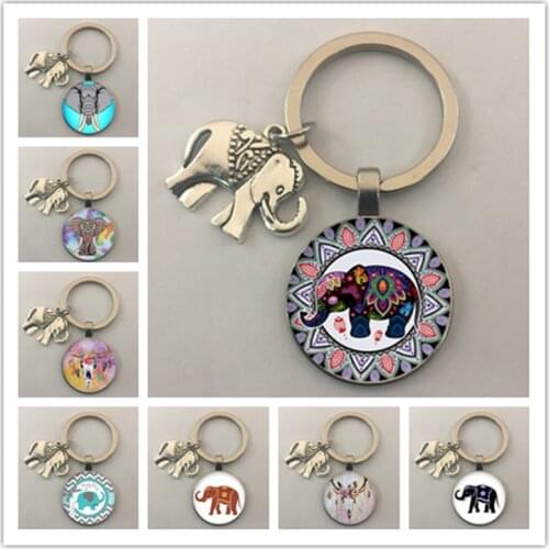 Elephant loves animals Thailand elephant round glass cabochon keychain car keychain charm gift keychain