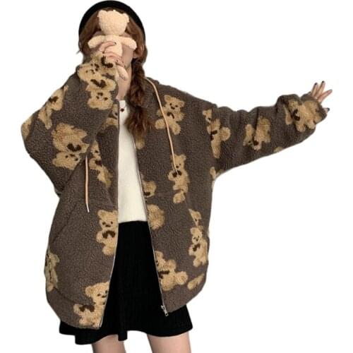 Women Winter Fuzzy Plush Hoodie Jacket Cartoon Bear Print Oversized Loose Coat Harajuku Warm Zip Up Sweatshirt Outwear M10 21