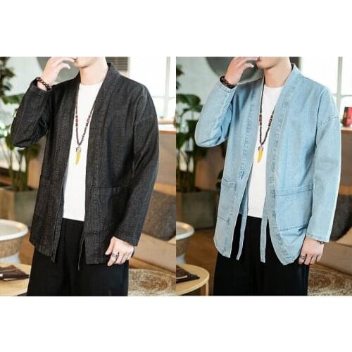 Chinese Style Traditional Tang Suit Autumn 2021 Mens Denim Jacket Streetwear Cardigan Jacket Fashion Hanfu Jacket