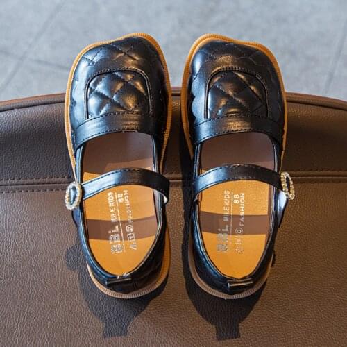 Girls Leather Shoes Back To School Performance Casual Flats Childrens Mary Janes Square Toes Rhombic Grid Rhinestone Buckle New